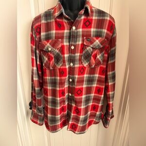True Grit Flannel Long Sleeve Button Down Shirt Red & Black Plaid Aztec Design,L